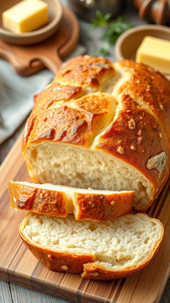 A golden crusty loaf of no-knead Dutch oven bread on a wooden board, with slices revealing soft interior.